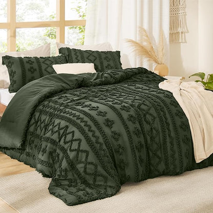 Bedsure Tufted Boho Comforter Set King Size - Olive Green Boho Bed Set, GentleSoft™ 3 Pieces Farmhouse Shabby Chic Embroidery Bedding, Gifts for Woman, Soft Jacquard King Comforter for All Seasons