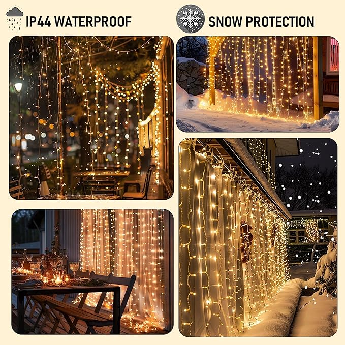 Dazzle Bright 300 LED Curtain Lights, Plug in Fairy Curtain Lights for Bedroom, Christmas Hanging String Lights Outdoor for Window Backdrop Wall Wedding Patio Indoor Dorm Party Decor, Warm White