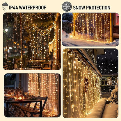 Dazzle Bright 300 LED Curtain Lights, Plug in Fairy Curtain Lights for Bedroom, Christmas Hanging String Lights Outdoor for Window Backdrop Wall Wedding Patio Indoor Dorm Party Decor, Warm White