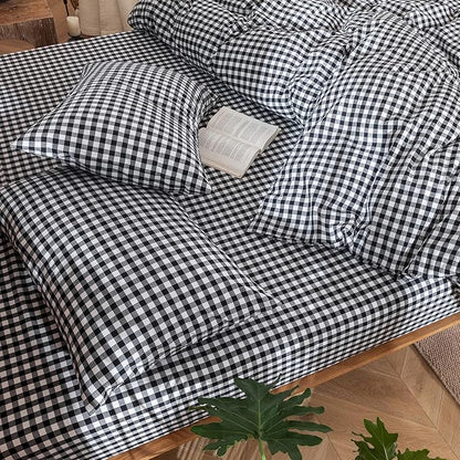 MooMee Gingham Duvet Cover Set 100% Washed Cotton Linen Like Textured Breathable Durable Soft Comfy Modern Checkered Design (Black White Gingham, Super King 108"x98")