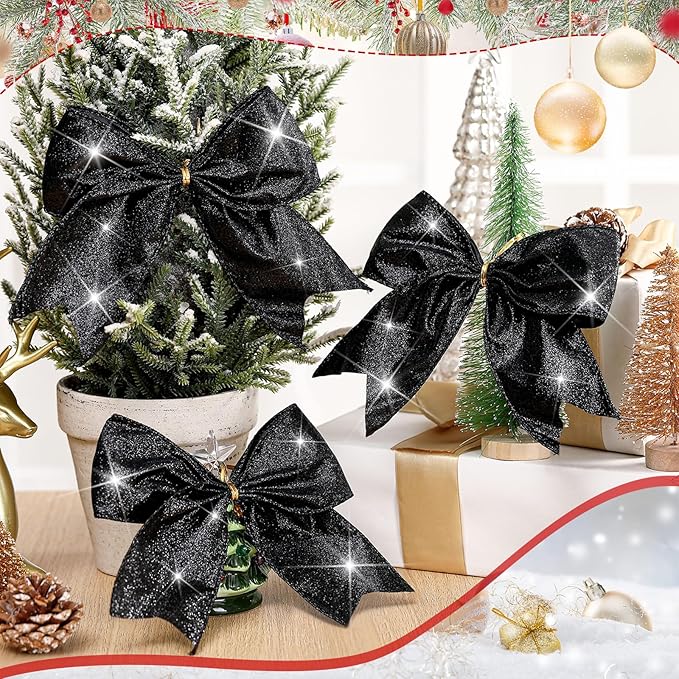 Cindeer 24 Pcs Black Christmas Bow Decorations 6 x 6 Inches, Glitter Holiday Ornaments Sequin Ties Bows for Xmas Tree, Wreath, DIY Crafts, Party Decor, Gift Wrapping