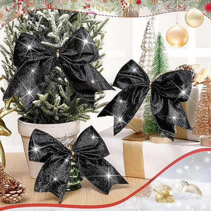 Cindeer 24 Pcs Black Christmas Bow Decorations 6 x 6 Inches, Glitter Holiday Ornaments Sequin Ties Bows for Xmas Tree, Wreath, DIY Crafts, Party Decor, Gift Wrapping