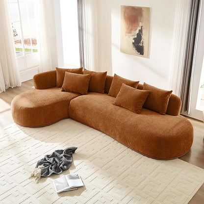WILLIAMSPACE 134.63" Oversize Curved Sofa Cloud Couch with Round Chaise, Modern Upholstered Curved Sectional Sofa Couch with 6 Pillows for Living Room, No Assembly (Left-Facing,Orange)