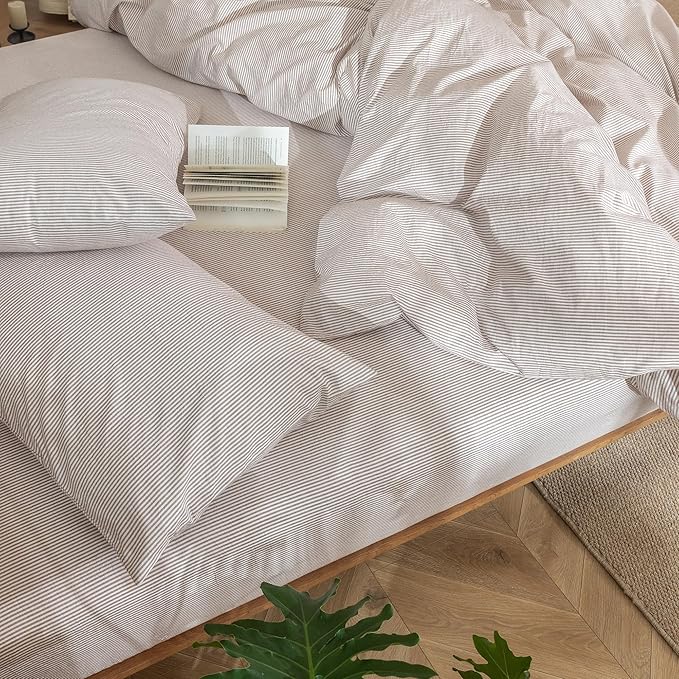 MooMee Striped Duvet Cover Set 100% Washed Cotton Linen Like Textured Breathable Durable Soft Comfy (Orange Pinstripes, Oversized Queen 98"x98")