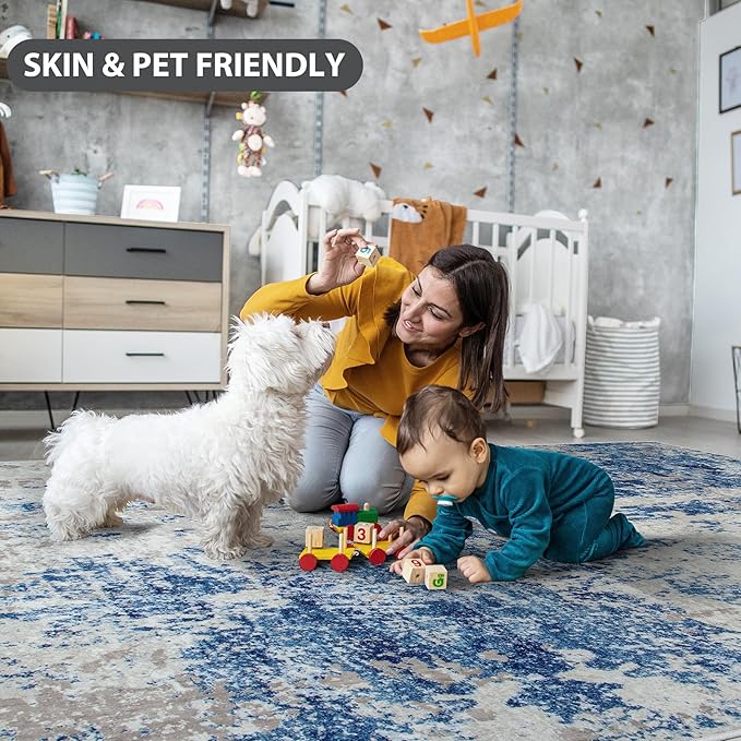 5x7 Area Rugs for Living Room Rug Washable: Abstract Rug for Dining Room Bedroom Carpet Non Slip 5 by 7 Indoor Modern Nursery Home Office Blue Grey White