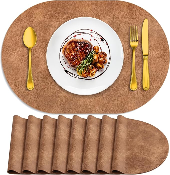 ADRIMER Placemats, Heat Resistant Oval Placemats Set of 8 Washable 12 x 17 Inch, Waterproof Table Mats, Wipeable Pu Place Mats for Kitchen, Dining Room, Sandy Light Brown