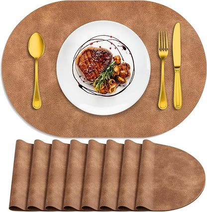 ADRIMER Placemats, Heat Resistant Oval Placemats Set of 8 Washable 12 x 17 Inch, Waterproof Table Mats, Wipeable Pu Place Mats for Kitchen, Dining Room, Sandy Light Brown