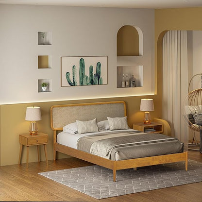 NTC Lupin Wooden Bed Frame with Headboard and Natural Rattan, Solid Oak/Rubber Wood Foundation with Silent Slats, 1000 Lb Capacity, Effortless Assembly (Natural Cane - Rustic Oak, Queen)