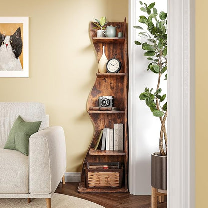 LITTLE TREE 70-Inch Corner Shelf, Seaweed Shaped Etagere Display Bookshelf, Freestanding 5-Tier Wall Shelves for Small Spaces, Living Room, Bedroom, Rustic, 2 Pack