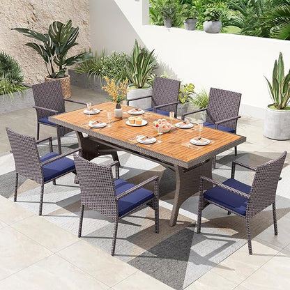 PHI VILLA Outdoor Dining Set for 6, Rectangular Wicker Table with Acacia Wood Top & Rattan Chairs with Cushions, 74” Large Modern Furniture Set for Patio, Deck, Backyard, Porch