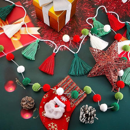 Syhood 4 Pcs Christmas Pom Pom Tassel Garland Felt Pompom Ball Banner Christmas Tassel Garland for Xmas Tree Hanging Decorations Party Supplies Home Decor(Red Green White)