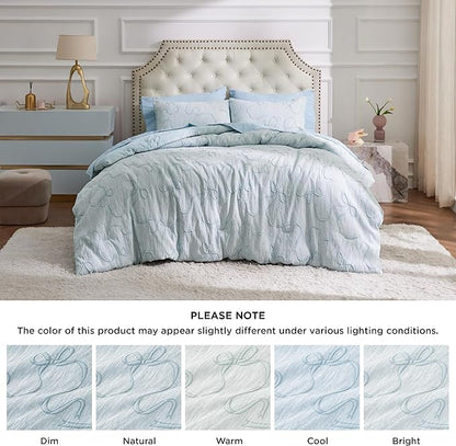Bedsure Full Comforter Set, Dusty Blue Boho Tufted Bed Set, 3D Puffy Jacquard Bedding Full Size, 3 Pieces, 1 Farmhouse Shabby Chic Embroidery Comforter with Bow Pattern & 2 Pillow Cases