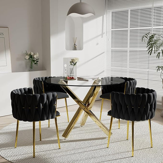 Gold Glass Round Dining Table Set for 4, 5 Pieces Modern Luxury Circle Kitchen Table Set, 39'' Clear Circular Glass Top Minimalist Dinner Room Set, Black Woven Chairs Set, for Small Apartment