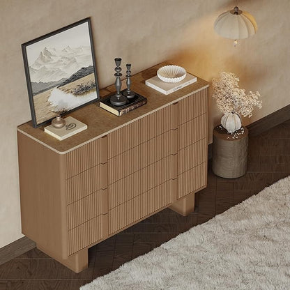 Fluted Dresser for Bedroom with 8 Drawers, 47" Wide Modern Chest of Drawers with Wooden Handle, Wooden Dresser TV Stand, Wood Closet Clothes Storage Organizer for Living Room, Hallway, Natural Oak