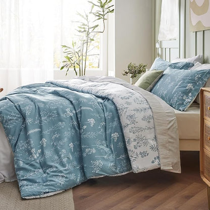Bedsure King Comforter Set - Mineral Blue Bed Set, 3 Pieces Cute Floral Bedding, 1 Soft Reversible Botanical Flowers Comforter and 2 Pillow Shams