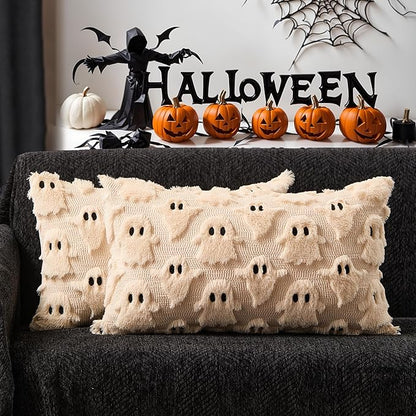 DFXSZ Halloween Pillow Covers 12x20 inch Set of 2 Beige Ghost Throw Pillow Cases Soft Plush Faux Fur Wool Cushion Case for Chair Bedroom Living Room Home Decor PTK03D12