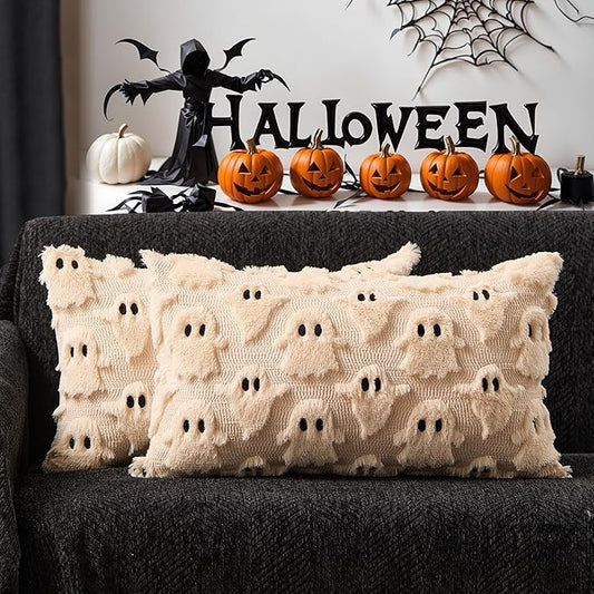 DFXSZ Halloween Pillow Covers 12x20 inch Set of 2 Beige Ghost Throw Pillow Cases Soft Plush Faux Fur Wool Cushion Case for Chair Bedroom Living Room Home Decor PTK03D12