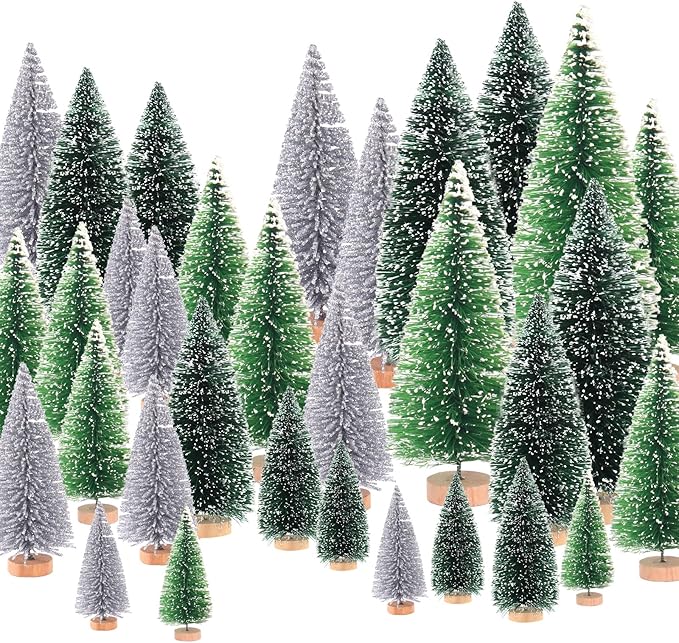 30Pcs Mini Christmas Trees - Artificial Christmas Tree Bottle Brush Trees with 5 Sizes, Snow Trees with Wooden Base for Christmas Party Home Table Craft Decor (Silver+Green+DarkGreen)