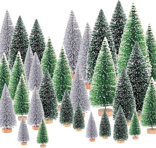 30Pcs Mini Christmas Trees - Artificial Christmas Tree Bottle Brush Trees with 5 Sizes, Snow Trees with Wooden Base for Christmas Party Home Table Craft Decor (Silver+Green+DarkGreen)