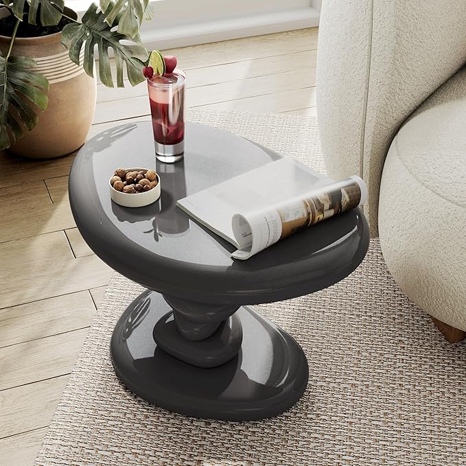 24/7 Shop at Home Kavren Modern 22-inch Oval Glossy Pedestal End Table, Stone Shape Living Room Furniture for Small Space, Dark Grey