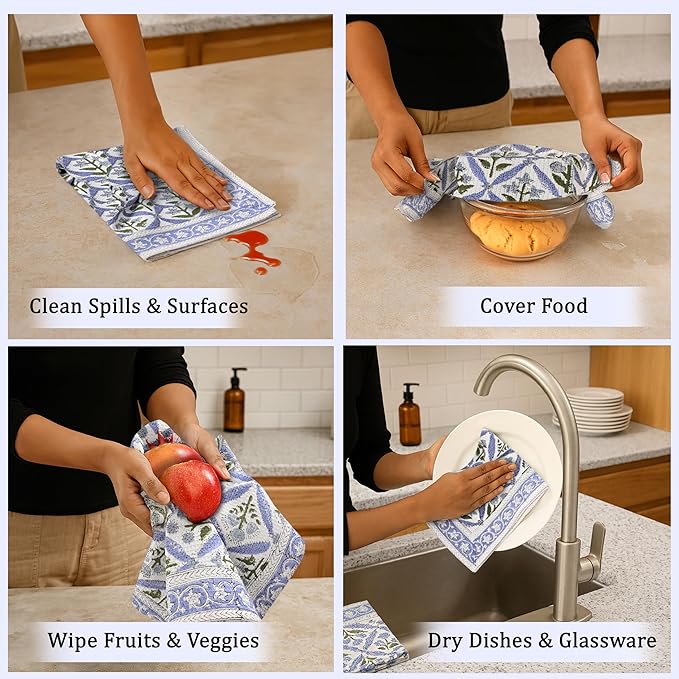 Ridhi Light Steel Blue Hand Block Print Waffle Kitchen Towel Set of 3-16 x28 Ultra Absorbent Quick Dry 100% Cotton Dish Towels Lightweight Reusable Sustainable Tea Towels for Cleaning and Drying