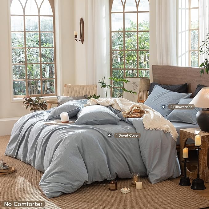 MooMee Wavy Striped Duvet Cover Set 100% Washed Cotton Linen Like Textured Breathable Durable Soft Comfy (Cornflower Blue, Full 80"x90")