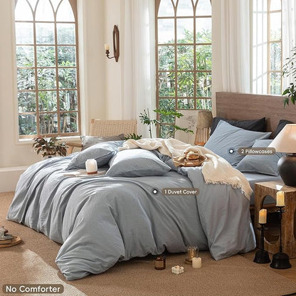 MooMee Wavy Striped Duvet Cover Set 100% Washed Cotton Linen Like Textured Breathable Durable Soft Comfy (Cornflower Blue, Oversized Queen 98"x98")