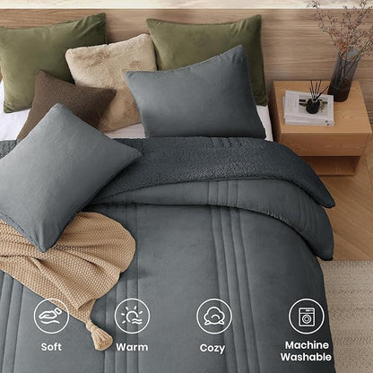 Monbix Fluffy King Size Comforter Set Blue Grey, Sherpa Plush Fuzzy Comforter 3 Piece for King Size Bed, Luxury Soft Winter Warm Bedding Set