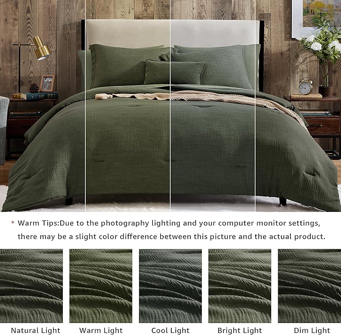 Geniospin Dark Olive Green Full Comforter Set - 7 Pieces Comforter Full Size, Solid Bedding Set for All Season, Textured Bed in a Bag with Sheets