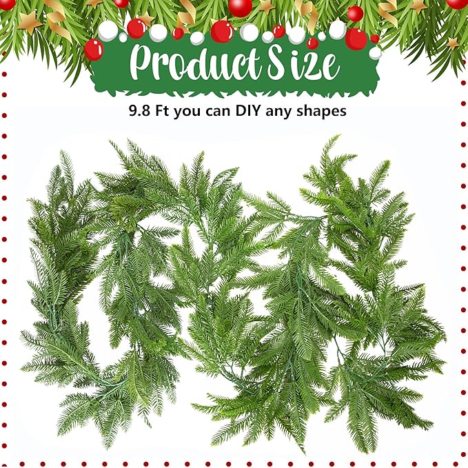 Watayo 9.8 Ft Realistic Touch Norfolk Pine Garland, Artificial Realistic Cedar Garland Christmas Garland for Mantle, Fake Norfolk Pine Greenery Garlands for Xmas Fireplace Window Indoor Outdoor Decor