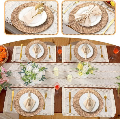 6 Sets Boho Placemats Round Woven Placemats, Cloth Napkins, Wood Bead Napkin Rings, Long Table Runner and Farmhouse Rustic Natural Burlap Cotton for Kitchen Dining Table Home (White)