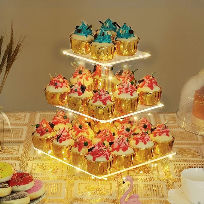 YestBuy 3 Tier Clear Square Cupcake Stand - Premium Cupcake Holder - Acrylic Cupcake Tower Display - Cady Bar Party Décor + LED Light String - Ideal for Weddings, Birthday Parties (Yellow Light)