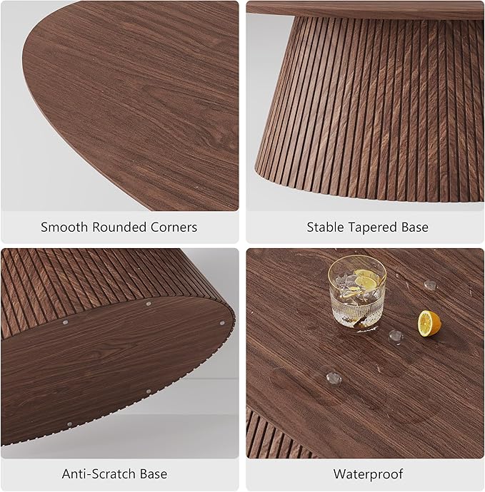 win2win Oval Coffee Table, Mid Century Modern Coffee Table with Fluted Design, Small Funky Tea Table with Wood Grain Veneer, Minimalist Center Table for Living Room, Apartment, Office, Walnut