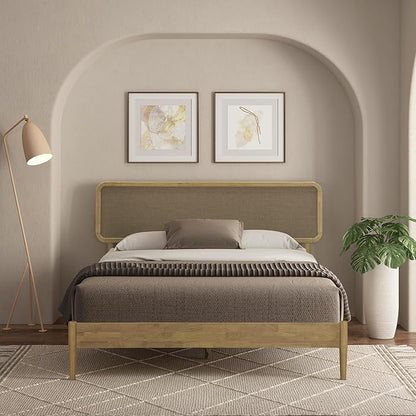 NTC Lupin Wooden Bed Frame with Headboard, Solid Oak and Rubber Wood Foundation with Silent Slats and Wood Central Supports, 1000 Lb Capacity, Queen - Sand