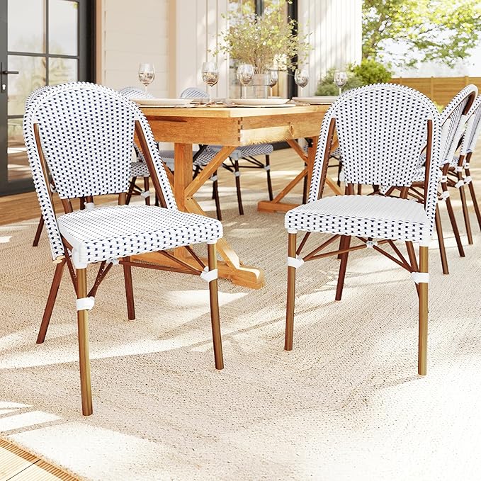 Martha Stewart Lily Pond Indoor Outdoor Stackable Bistro Outdoor Chairs with Natural Woodgrain Aluminum Frame Finish, White/Navy Woven Rattan Backrests/Seats, Set of 2