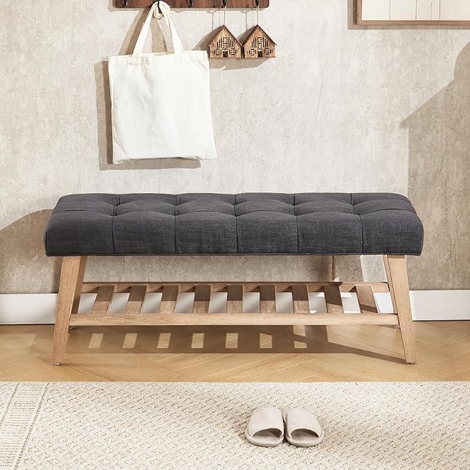 Farmhouse Storage Entryway Bench with Shoe Shelf, Linen Fabric Upholstered 2 Tier Button Tufted Bench with Wooden Frame for End of Bed/Hallway/Reception/Living Room, Charcoal