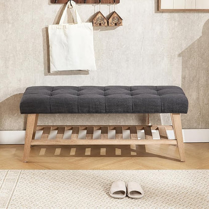 Farmhouse Storage Entryway Bench with Shoe Shelf, Linen Fabric Upholstered 2 Tier Button Tufted Bench with Wooden Frame for End of Bed/Hallway/Reception/Living Room, Charcoal