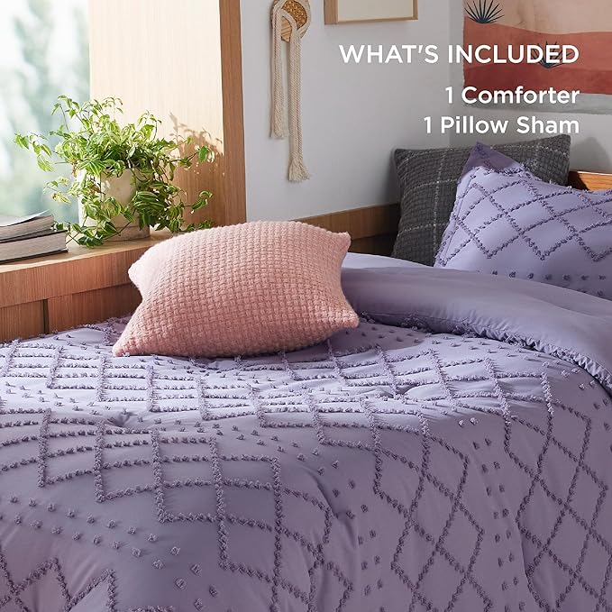 Bedsure Twin Comforter Set - Grayish Purple Boho Twin Comforter, Shabby Chic Dorm Bedding Set for Kids, 2 Pieces Modern Farmhouse Bed Set, Includes 1 Pillow Sham