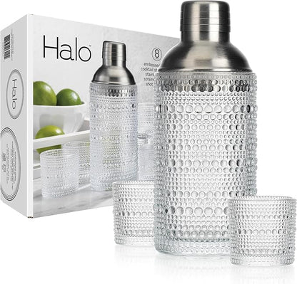 Glaver's Cocktail Shaker Set, Glass 15.2 oz Shaker, 6 Hobnail Shot Glasses, Stainless Steel Strainer Cap,Glass Shaker Set for Bars. Dishwasher Safe