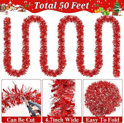 50Ft Christmas Tinsel Garland Red Xmas Tree Decorations Valentine Metallic Glitter Twist Garland for Christmas Decorations Party Anniversary Birthday Holiday Supplies Indoor Outdoor Supplies
