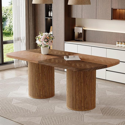 78.7" Extra Long Dining Table for 6-10 People, Farmhouse Kitchen Table with Cylindrical Fluted Bases, Modern Rectangular Dining Table for Dining Room, Kitchen, Living Room