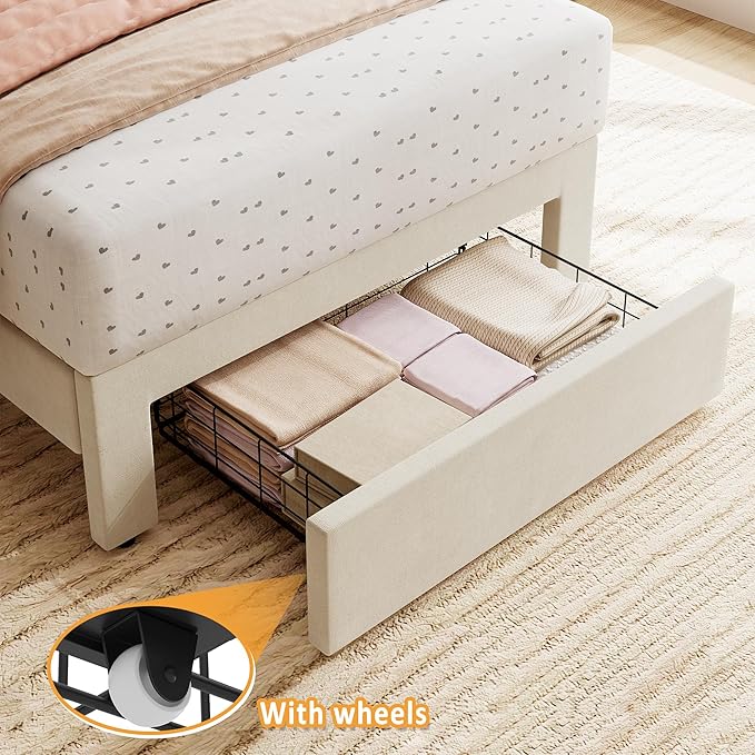 GarveeHome 2 Sets Twin Bed Frame with Under-Bed Drawer, Upholstered Platform Bed with Wave Headboard for Kids/Girls, Wooden Slats Support, No Box Spring Needed, Velvet Beige