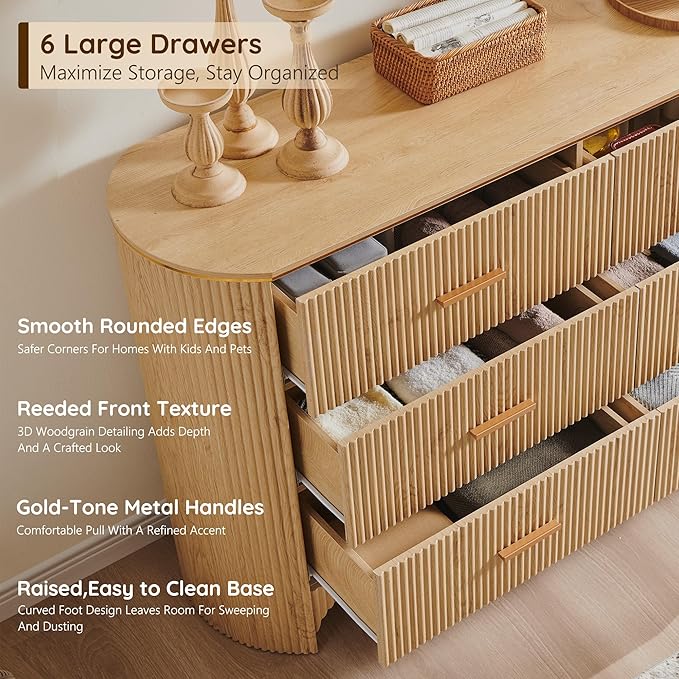 Fluted 6 Drawer Dresser for Bedroom with Curved Profile Design,53.9" W Chest of Drawers with Reeded Texture,Wide Storage Cabinet with Smooth-Glide Drawers,gold metal handle or Living Room,Natural Oak