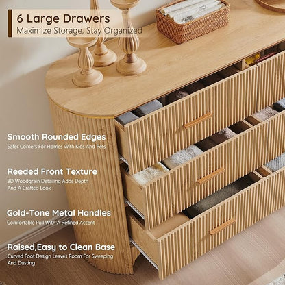 Fluted 6 Drawer Dresser for Bedroom with Curved Profile Design,53.9" W Chest of Drawers with Reeded Texture,Wide Storage Cabinet with Smooth-Glide Drawers,gold metal handle or Living Room,Natural Oak
