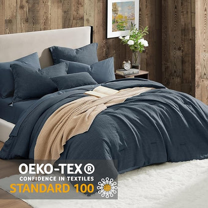 Geniospin Twin Comforter Set - 5 Pieces Comforter Twin Size, Solid Bedding Sets for All Season, Textured Bed in a Bag with Flat Sheet and Fitted Sheet, Pillowcases and Shams (Navy Blue, 66''x86'')