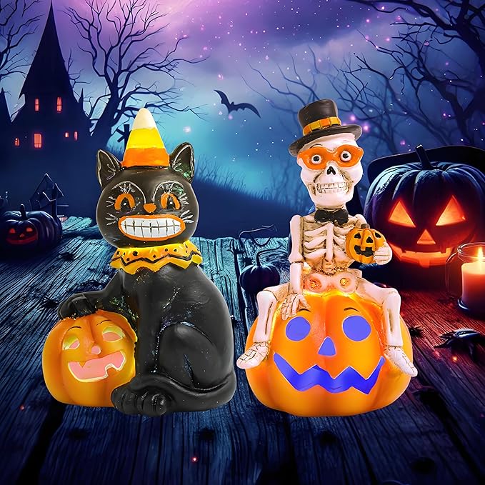 Vintage Halloween Decorations Indoor - 2-Pack 4.7'' Resin Skeleton Gentleman & Black Cat Figurine with Flickering Pumpkin Lights - Halloween Table Decor Gifts (Jack-O’-Lantern)