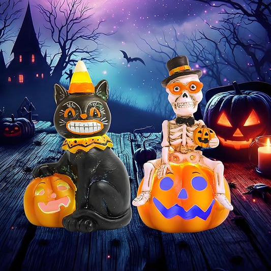 Vintage Halloween Decorations Indoor - 2-Pack 4.7'' Resin Skeleton Gentleman & Black Cat Figurine with Flickering Pumpkin Lights - Halloween Table Decor Gifts (Jack-O’-Lantern)