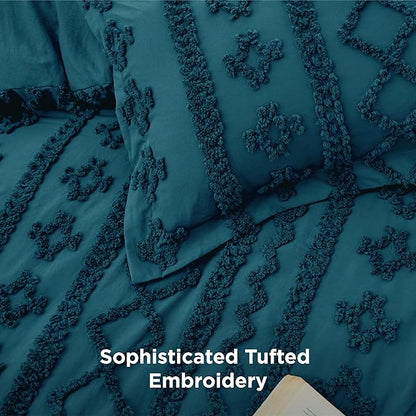 Bedsure Tufted Boho Comforter Set California King - Teal Boho Bed Set, GentleSoft 3 Pieces Farmhouse Shabby Chic Embroidery Bedding, Gifts for Woman, Soft Jacquard Comforter for All Seasons