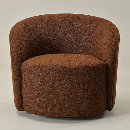 KINWELL Sherpa Swivel Barrel Chair & Round Ball Pillow Set - 34" Wide Modern Boucle Accent Chair with 9” Matching Nordic Decorative Throw Pillow for Living Room and Bedroom(Brown)