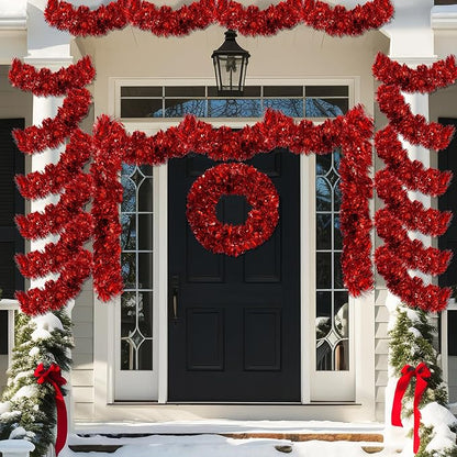 50FT Red Tinsel Christmas Garland Metallic Twist Garland Shiny Hanging Tinsel for Christmas Tree Party Supplies Indoor Outdoor Home Xmas Decoration (Red)